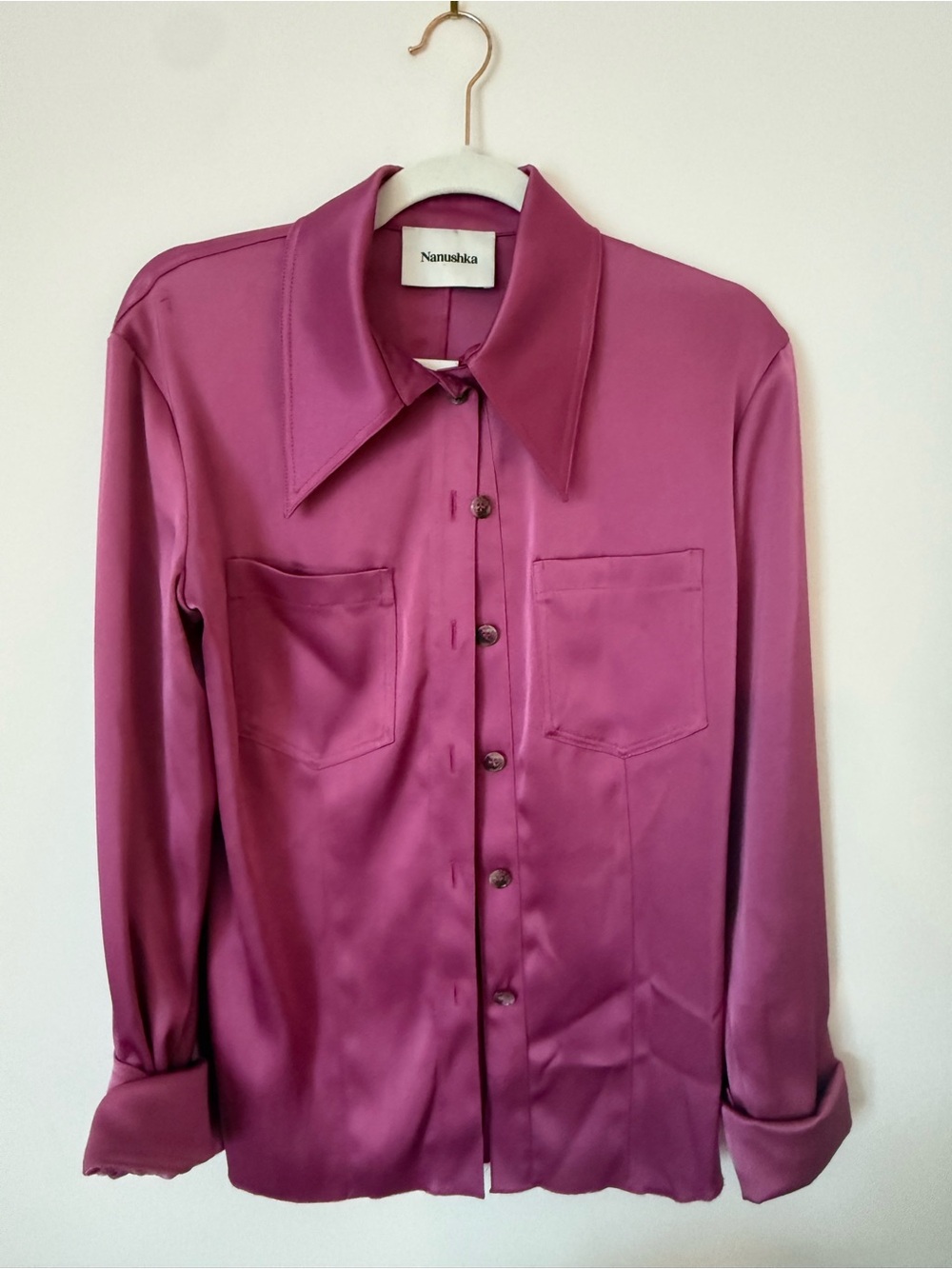 Nanushka Silk-Blend Button Front Shirt in Deep Pink